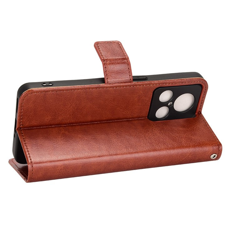 For Realme GT2 Explorer Master 5G TPU+PU Leather Wallet Phone Cover Crazy Horse Texture Stand Phone Shell with Strap - Brown