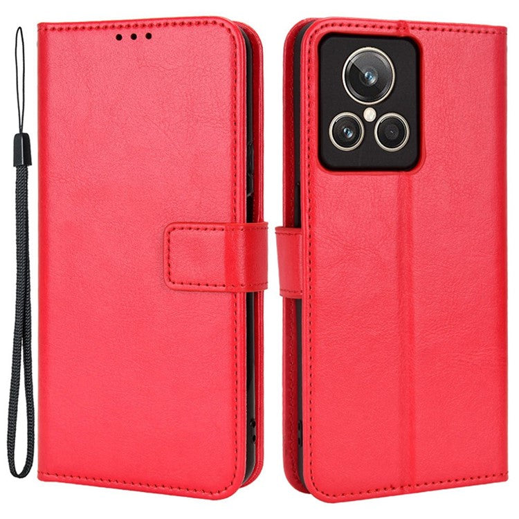For Realme GT2 Explorer Master 5G TPU+PU Leather Wallet Phone Cover Crazy Horse Texture Stand Phone Shell with Strap - Red