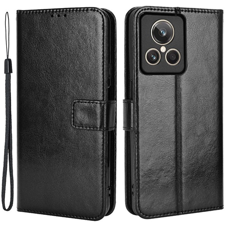 For Realme GT2 Explorer Master 5G TPU+PU Leather Wallet Phone Cover Crazy Horse Texture Stand Phone Shell with Strap - Black