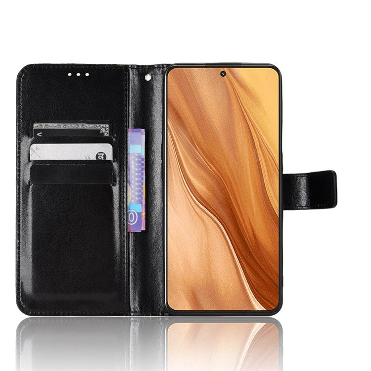For Realme GT2 Explorer Master 5G TPU+PU Leather Wallet Phone Cover Crazy Horse Texture Stand Phone Shell with Strap - Black