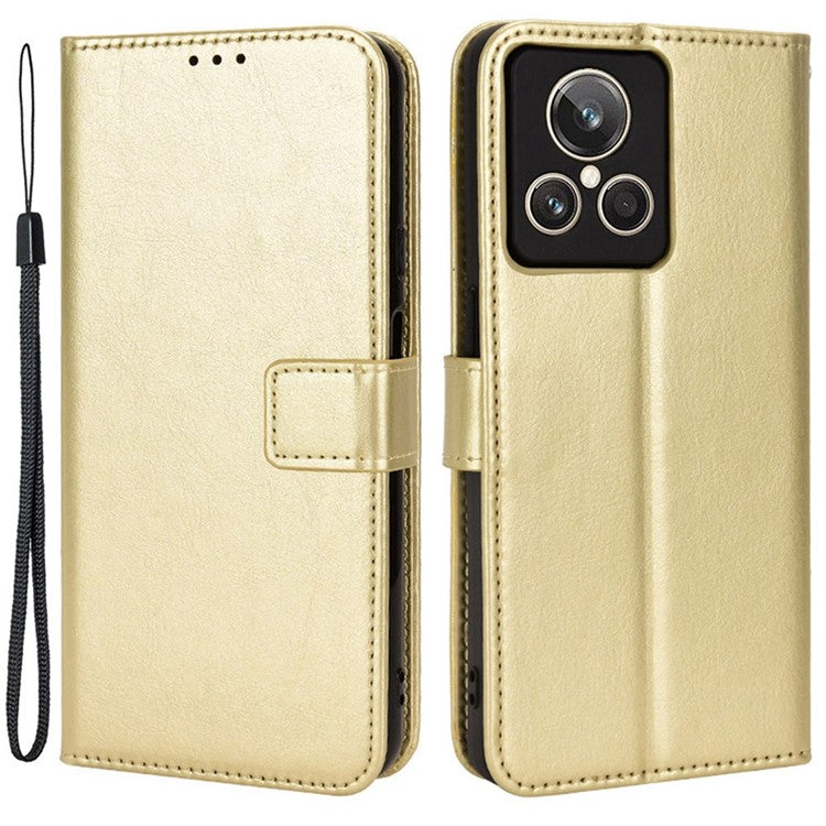 For Realme GT2 Explorer Master 5G TPU+PU Leather Wallet Phone Cover Crazy Horse Texture Stand Phone Shell with Strap - Gold