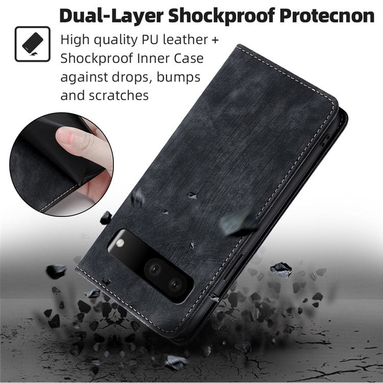 Anti-scratch Phone Case For Google Pixel 7 5G, PU Leather Flip Wallet Stand RFID Blocking Magnetic Phone Cover - Black