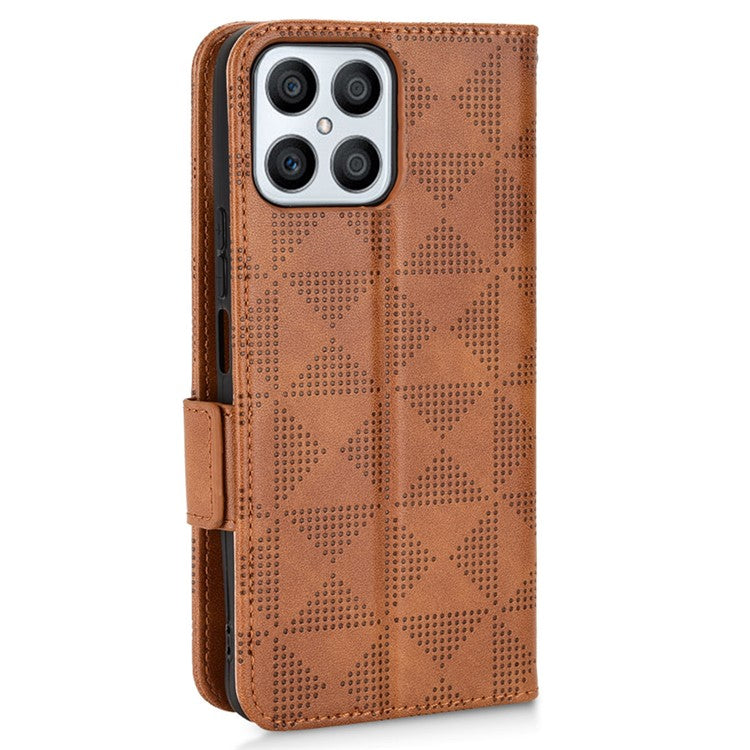 For Honor X8 5G Triangle Pattern Imprinted Flip Stand Wallet Leather Phone Case Shockproof Cover with Strap - Brown