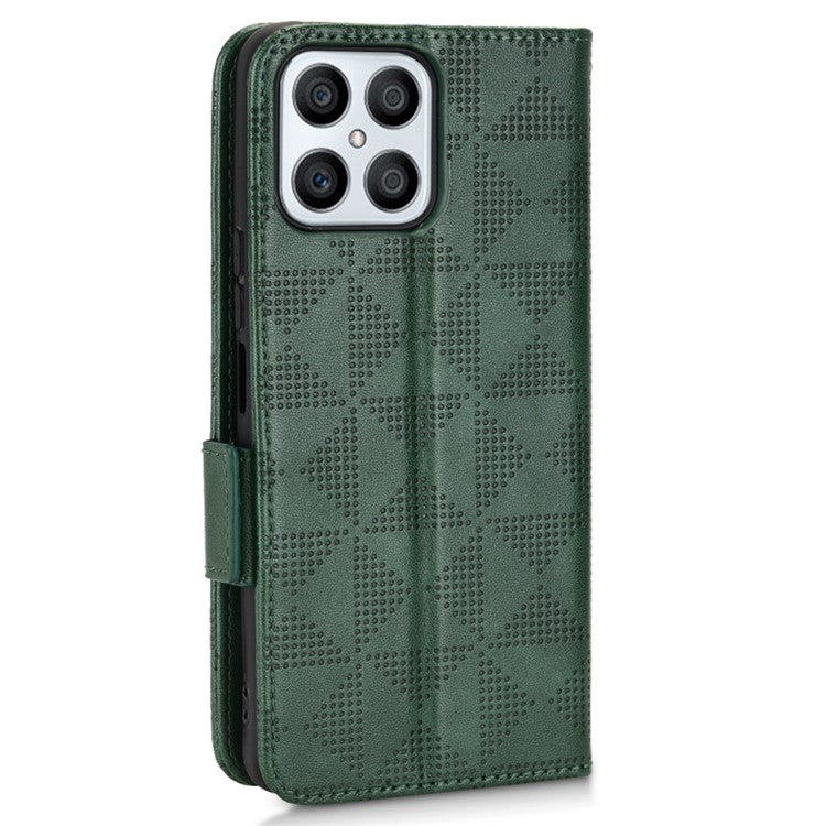 For Honor X8 5G Triangle Pattern Imprinted Flip Stand Wallet Leather Phone Case Shockproof Cover with Strap - Green