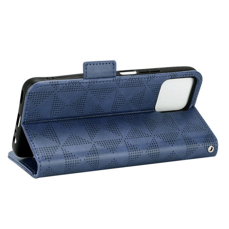 For Honor X8 5G Triangle Pattern Imprinted Flip Stand Wallet Leather Phone Case Shockproof Cover with Strap - Blue