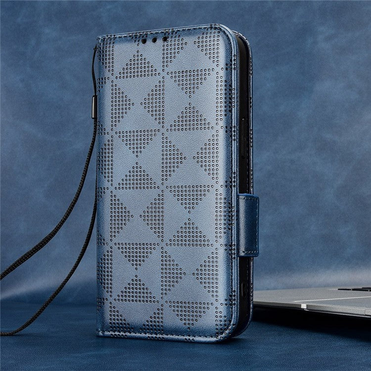 For Honor X8 5G Triangle Pattern Imprinted Flip Stand Wallet Leather Phone Case Shockproof Cover with Strap - Blue