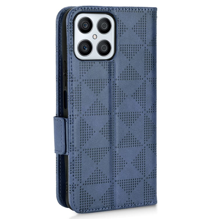 For Honor X8 5G Triangle Pattern Imprinted Flip Stand Wallet Leather Phone Case Shockproof Cover with Strap - Blue