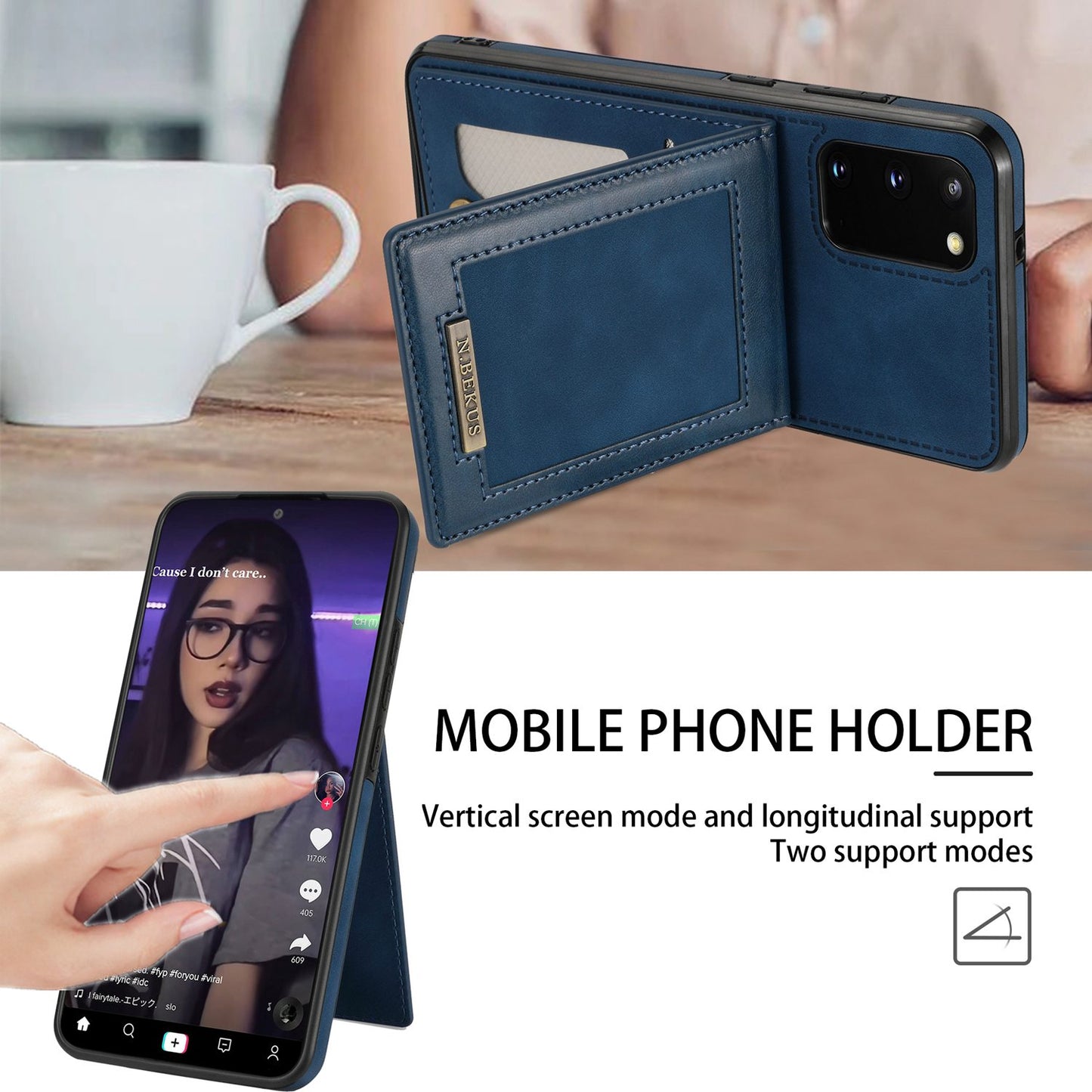 N.BEKUS Anti-fall Phone Case For Samsung Galaxy S20 FE / S20 FE 5G / S20 FE 2022 / S20 Lite, Vertical Card Holder Kickstand PU Leather+TPU RFID Blocking Phone Cover - Blue