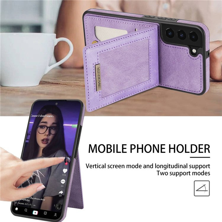 N.BEKUS Anti-drop Phone Case For Samsung Galaxy S22 5G, Well-protected PU Leather+TPU RFID Blocking Phone Cover Vertical Card Holder Kickstand - Purple
