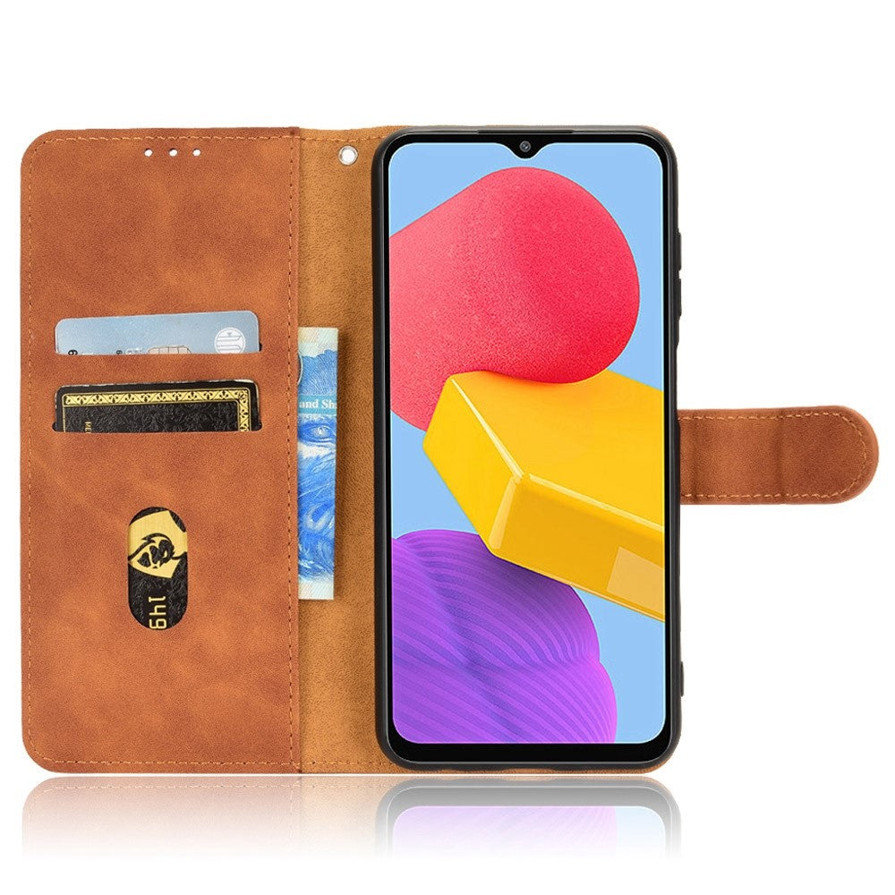 For Samsung Galaxy M13 4G Skin-Touch Feeling Full Protection PU Leather Case Stand Wallet Magnetic Clasp Phone Cover - Brown