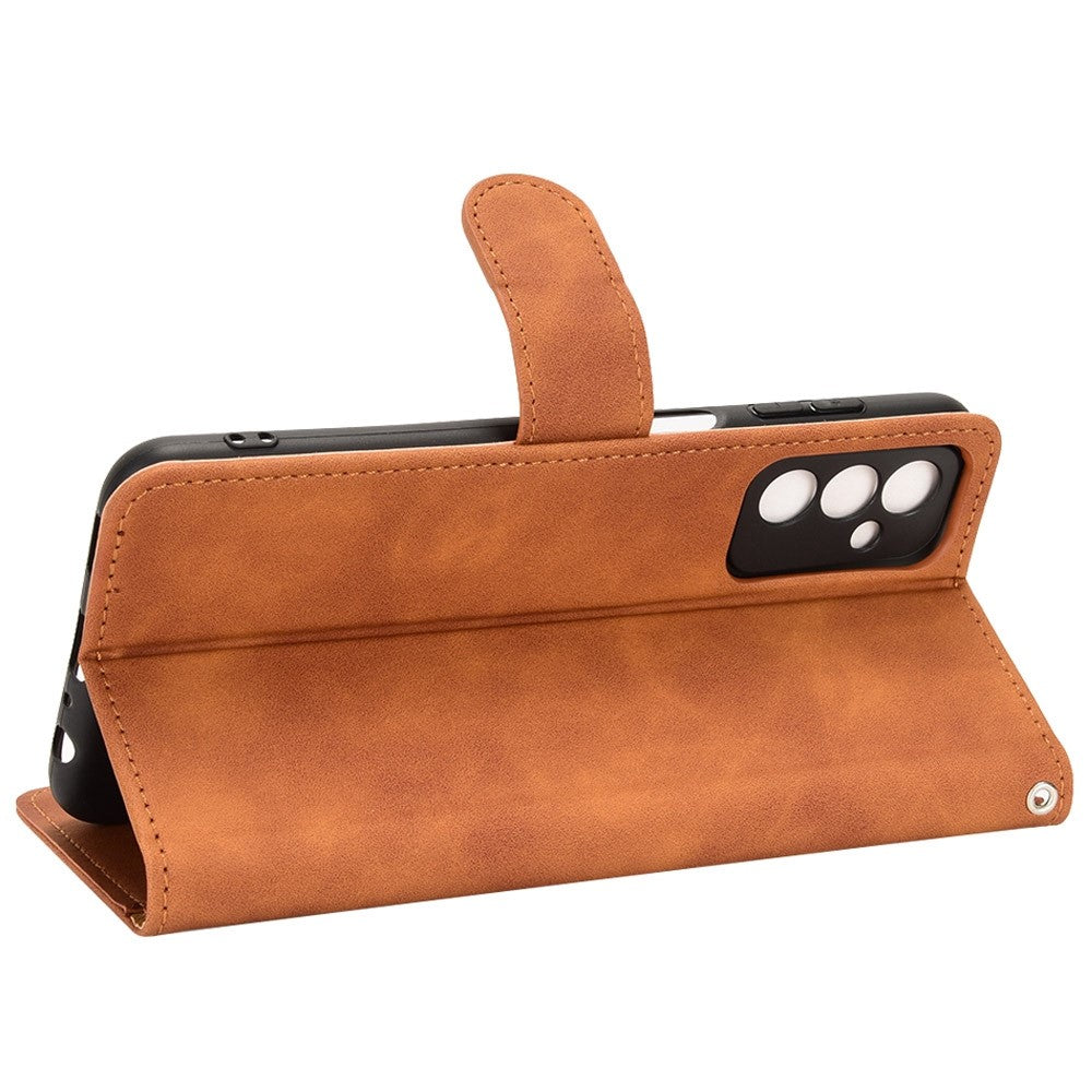 For Samsung Galaxy M13 4G Skin-Touch Feeling Full Protection PU Leather Case Stand Wallet Magnetic Clasp Phone Cover - Brown