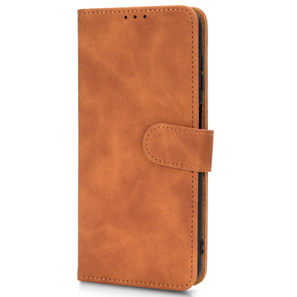 For Samsung Galaxy M13 4G Skin-Touch Feeling Full Protection PU Leather Case Stand Wallet Magnetic Clasp Phone Cover - Brown