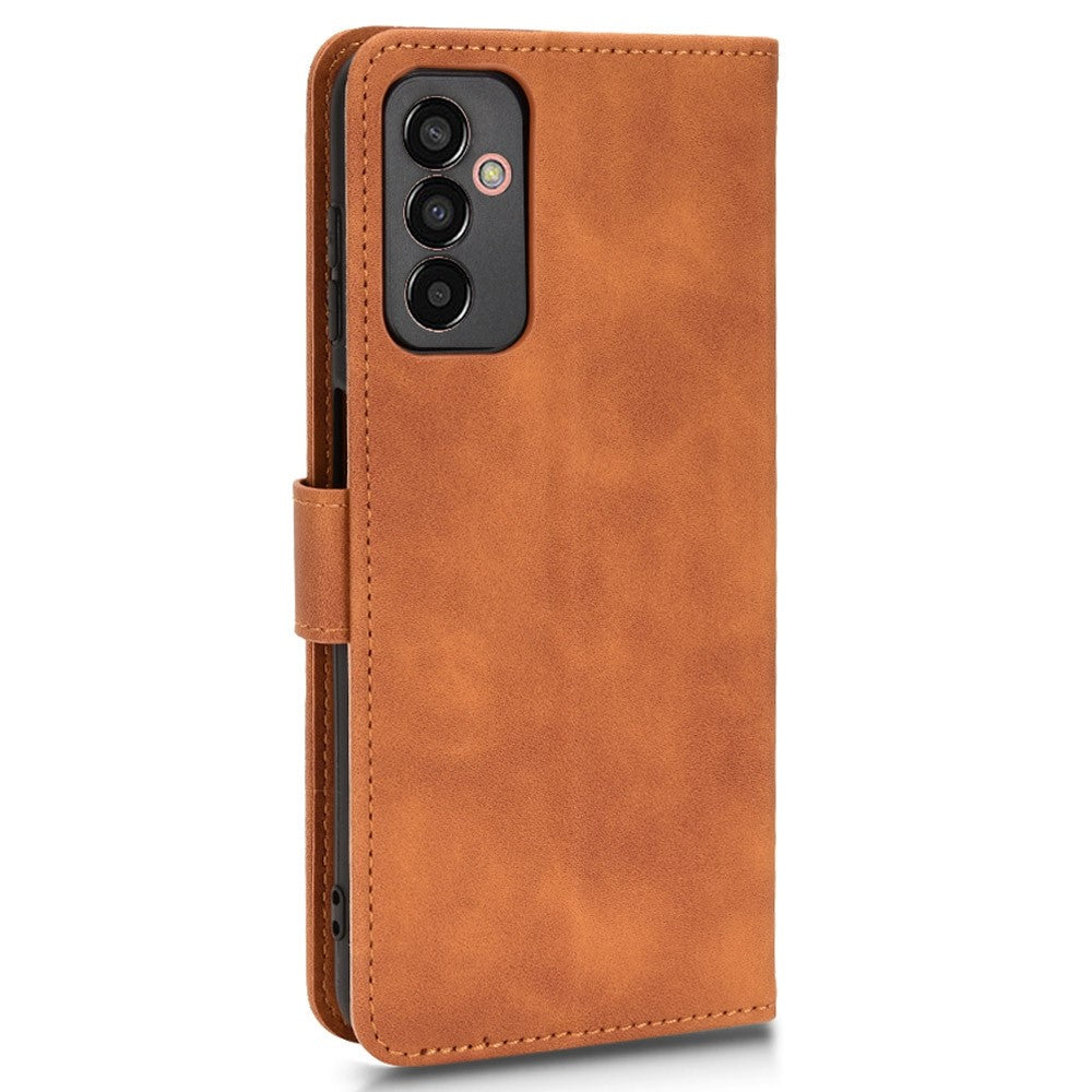 For Samsung Galaxy M13 4G Skin-Touch Feeling Full Protection PU Leather Case Stand Wallet Magnetic Clasp Phone Cover - Brown