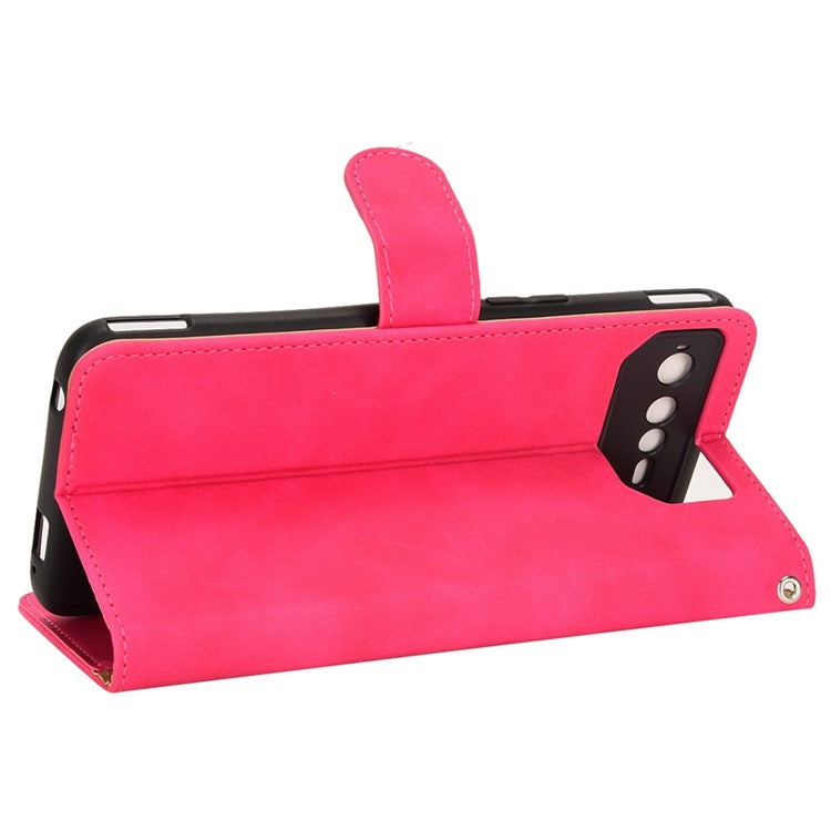 Skin-Touch Feeling Phone Cover for Asus ROG Phone 6 5G, PU Leather Magnetic Clasp Stand Wallet Case - Red