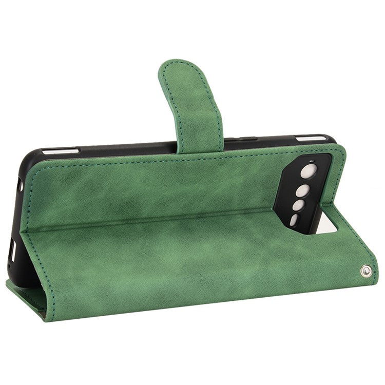 Skin-Touch Feeling Phone Cover for Asus ROG Phone 6 5G, PU Leather Magnetic Clasp Stand Wallet Case - Green