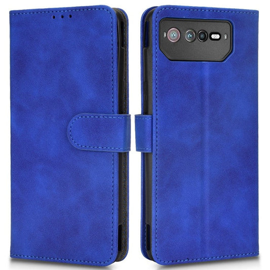 Skin-Touch Feeling Phone Cover for Asus ROG Phone 6 5G, PU Leather Magnetic Clasp Stand Wallet Case - Blue
