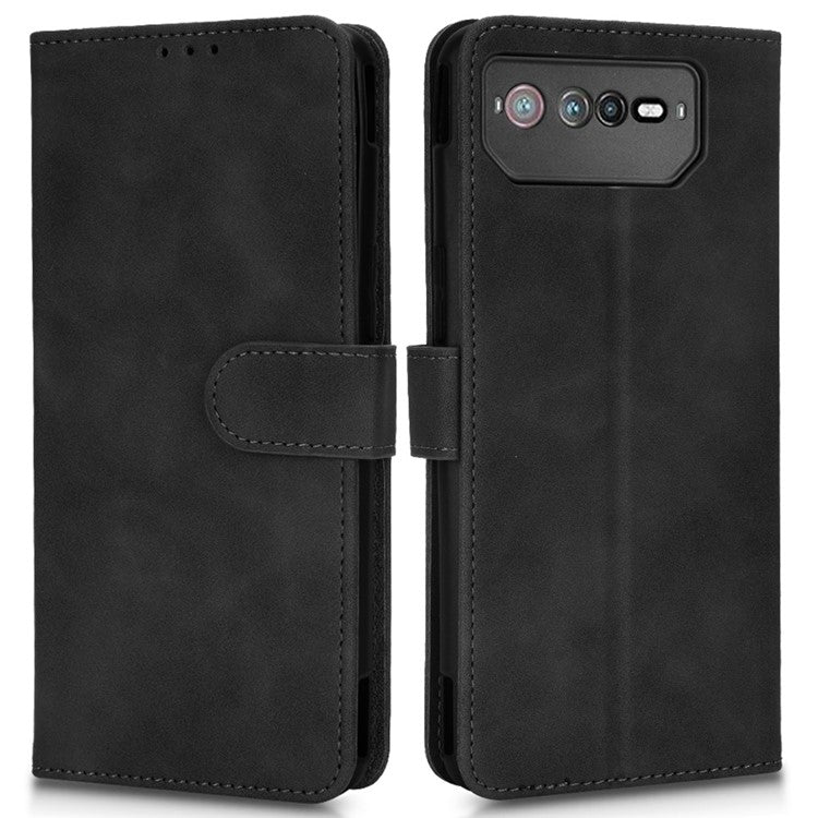 Skin-Touch Feeling Phone Cover for Asus ROG Phone 6 5G, PU Leather Magnetic Clasp Stand Wallet Case - Black