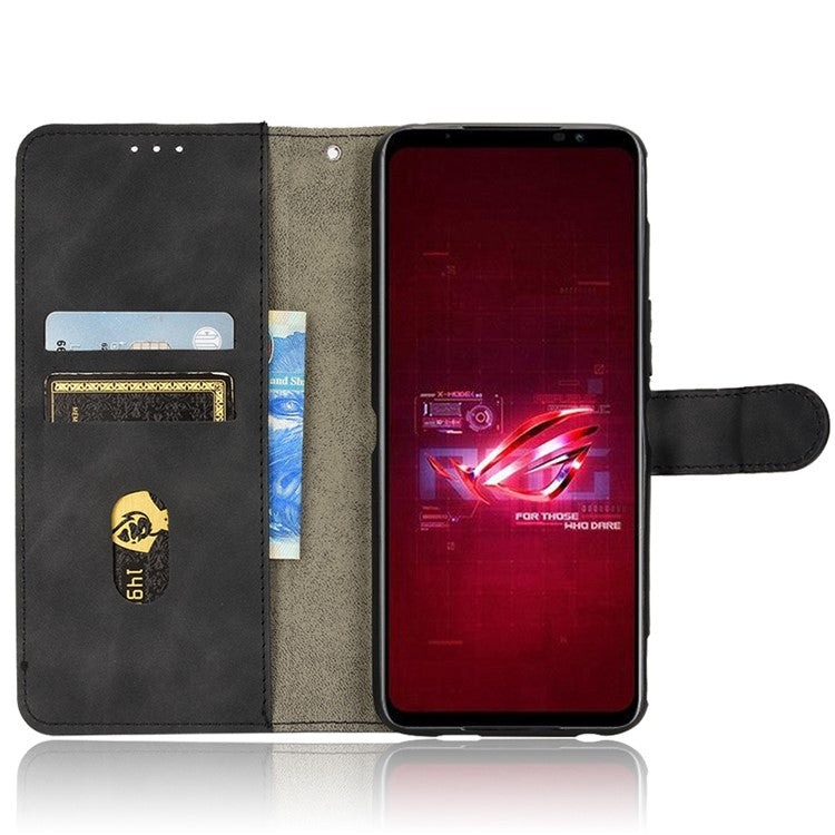 Skin-Touch Feeling Phone Cover for Asus ROG Phone 6 5G, PU Leather Magnetic Clasp Stand Wallet Case - Black
