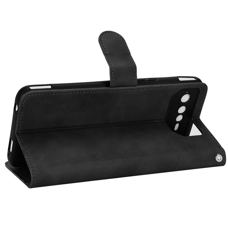 Skin-Touch Feeling Phone Cover for Asus ROG Phone 6 5G, PU Leather Magnetic Clasp Stand Wallet Case - Black