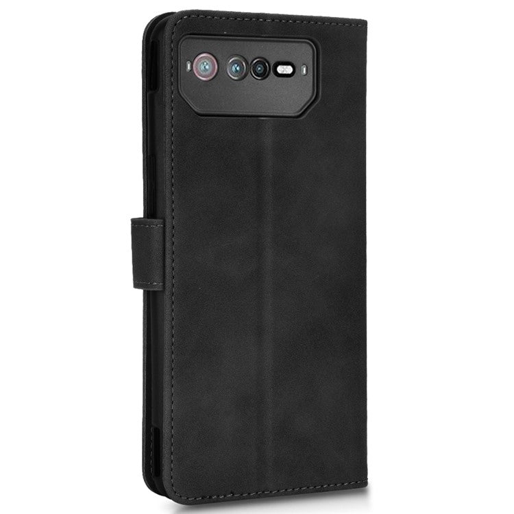 Skin-Touch Feeling Phone Cover for Asus ROG Phone 6 5G, PU Leather Magnetic Clasp Stand Wallet Case - Black
