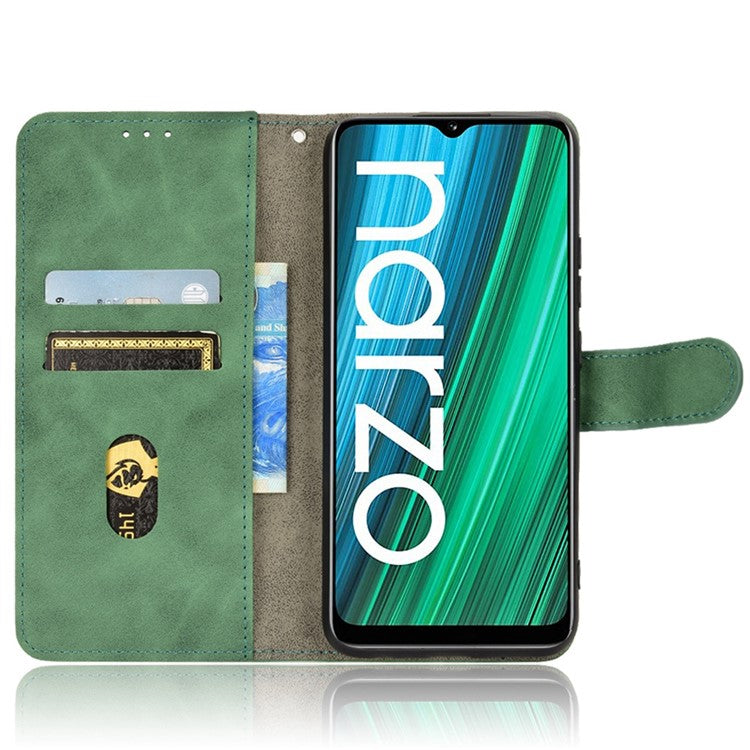 For Realme Narzo 50A Skin-Touch Feeling PU Leather Case Flip Folio Wallet Stand Phone Cover - Green