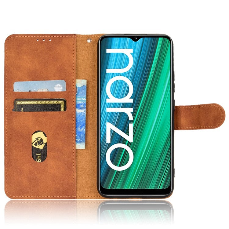 For Realme Narzo 50A Skin-Touch Feeling PU Leather Case Flip Folio Wallet Stand Phone Cover - Brown