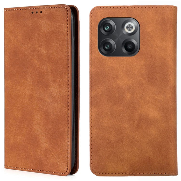 For OnePlus 10T 5G / Ace Pro 5G Skin-touch PU Leather Cover Stand Hidden Magnetic Adsorption Flip Card Slots Phone Case - Light Brown
