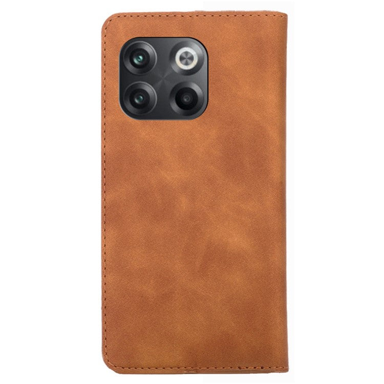 For OnePlus 10T 5G / Ace Pro 5G Skin-touch PU Leather Cover Stand Hidden Magnetic Adsorption Flip Card Slots Phone Case - Light Brown