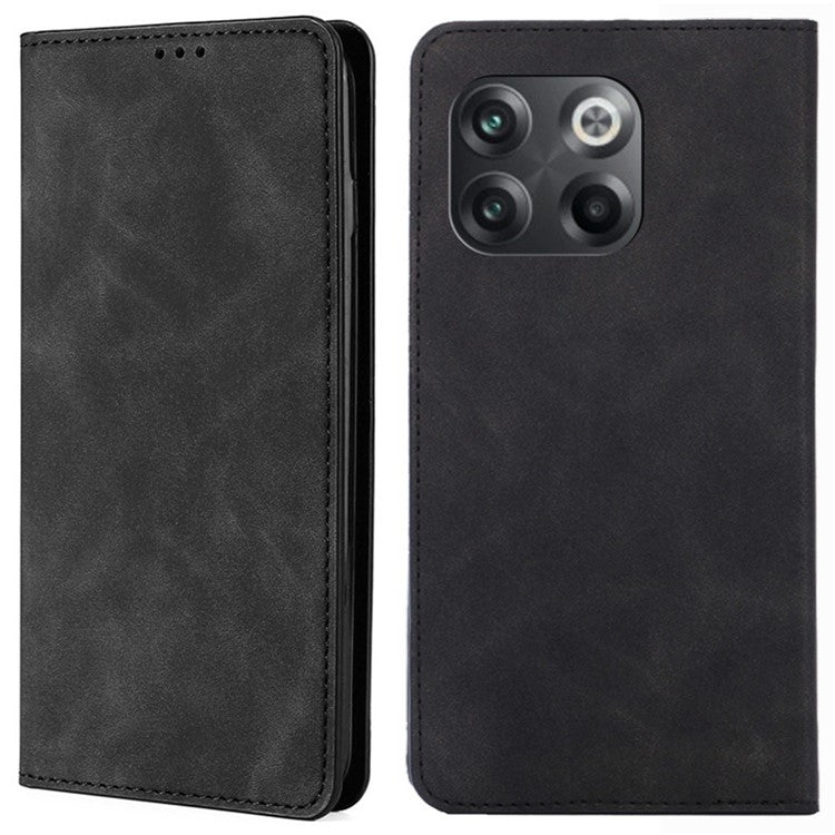 For OnePlus 10T 5G / Ace Pro 5G Skin-touch PU Leather Cover Stand Hidden Magnetic Adsorption Flip Card Slots Phone Case - Black