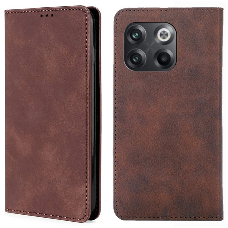 For OnePlus 10T 5G / Ace Pro 5G Skin-touch PU Leather Cover Stand Hidden Magnetic Adsorption Flip Card Slots Phone Case - Dark Brown