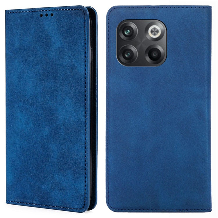 For OnePlus 10T 5G / Ace Pro 5G Skin-touch PU Leather Cover Stand Hidden Magnetic Adsorption Flip Card Slots Phone Case - Blue