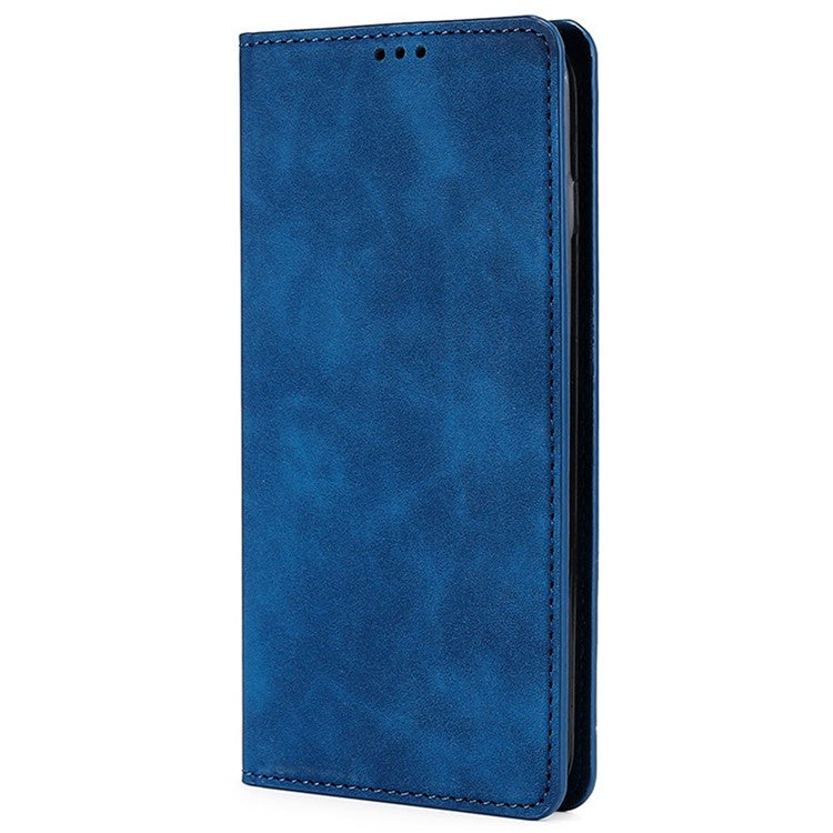 For OnePlus 10T 5G / Ace Pro 5G Skin-touch PU Leather Cover Stand Hidden Magnetic Adsorption Flip Card Slots Phone Case - Blue