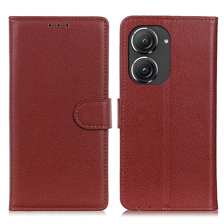 For Asus Zenfone 9 5G Magnetic Clasp Phone Case Litchi Texture PU Leather Wallet Stand Protective Cover - Brown