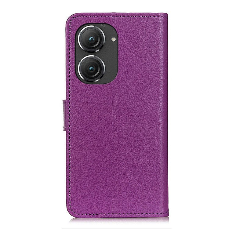 For Asus Zenfone 9 5G Magnetic Clasp Phone Case Litchi Texture PU Leather Wallet Stand Protective Cover - Purple