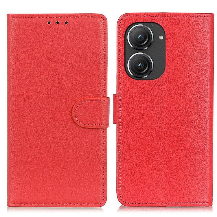 For Asus Zenfone 9 5G Magnetic Clasp Phone Case Litchi Texture PU Leather Wallet Stand Protective Cover - Red