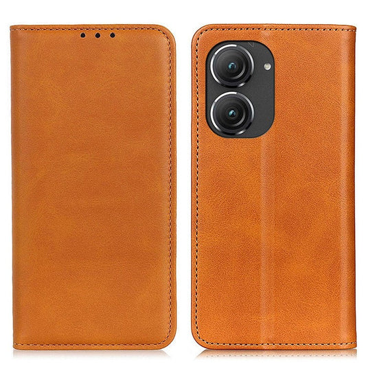 For Asus Zenfone 9 5G Magnetic Auto-absorbed Split Leather Phone Case Anti-drop Protection Stand Wallet Cover - Brown