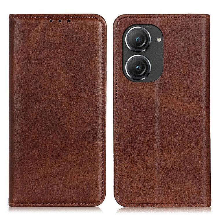 For Asus Zenfone 9 5G Magnetic Auto-absorbed Split Leather Phone Case Anti-drop Protection Stand Wallet Cover - Coffee
