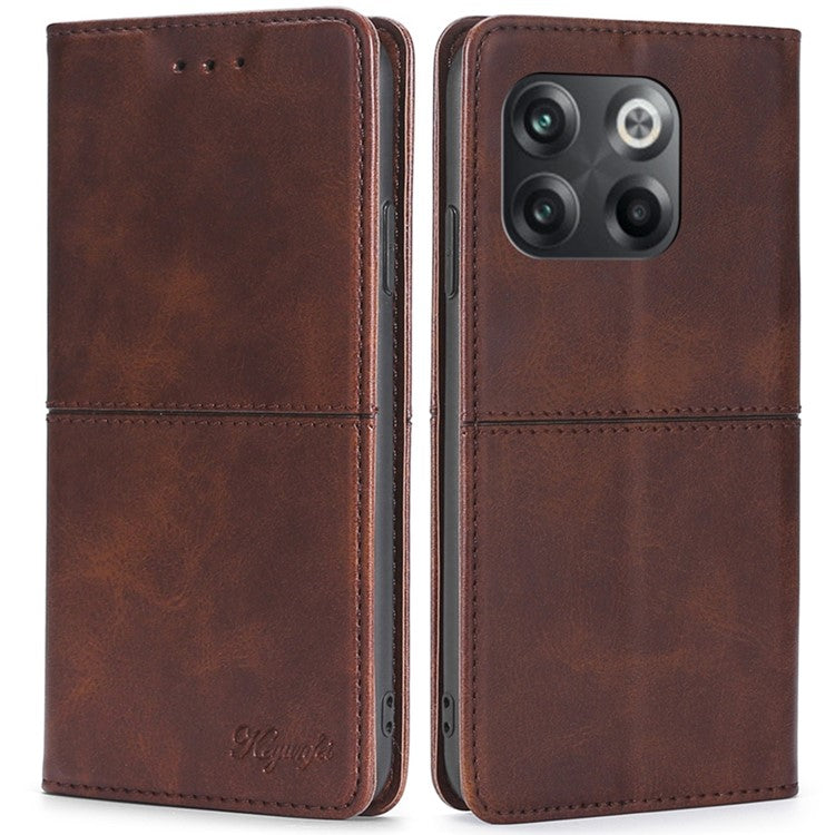 For OnePlus 10T 5G / Ace Pro 5G Anti-fall Phone Case Magnetic Auto-absorbed PU Leather Cowhide Textured Stand Phone Cover with Card Slots - Brown