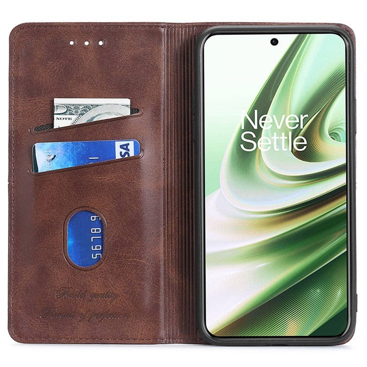 For OnePlus 10T 5G / Ace Pro 5G Anti-fall Phone Case Magnetic Auto-absorbed PU Leather Cowhide Textured Stand Phone Cover with Card Slots - Brown
