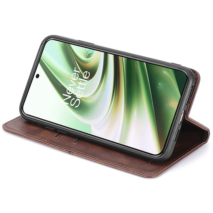 For OnePlus 10T 5G / Ace Pro 5G Anti-fall Phone Case Magnetic Auto-absorbed PU Leather Cowhide Textured Stand Phone Cover with Card Slots - Brown
