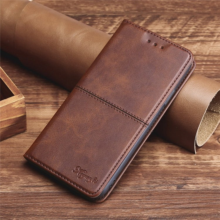For OnePlus 10T 5G / Ace Pro 5G Anti-fall Phone Case Magnetic Auto-absorbed PU Leather Cowhide Textured Stand Phone Cover with Card Slots - Brown