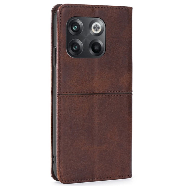 For OnePlus 10T 5G / Ace Pro 5G Anti-fall Phone Case Magnetic Auto-absorbed PU Leather Cowhide Textured Stand Phone Cover with Card Slots - Brown
