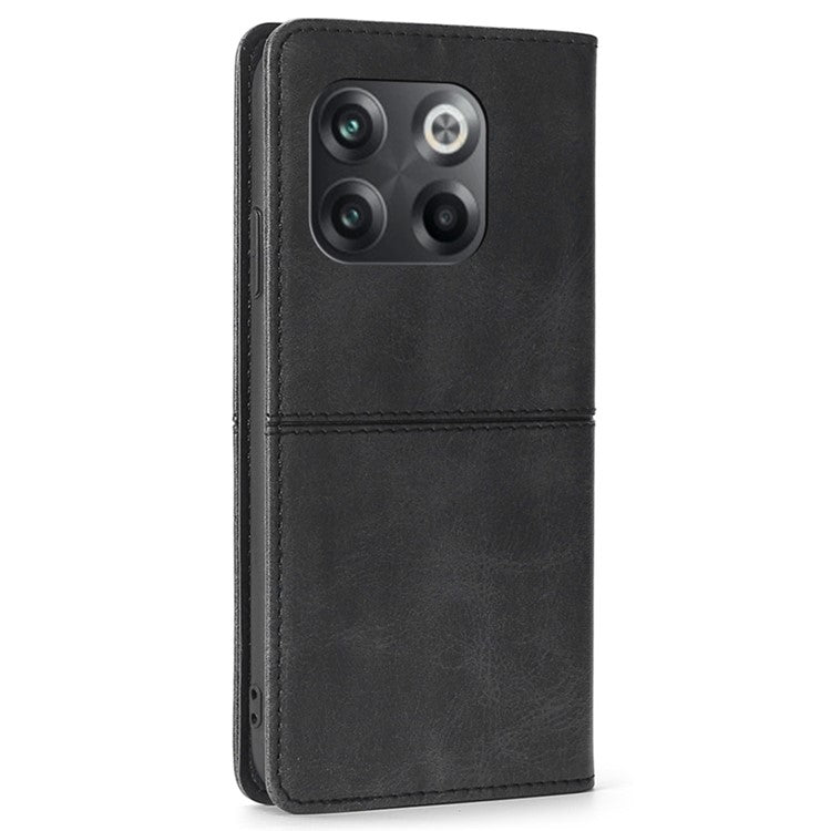 For OnePlus 10T 5G / Ace Pro 5G Anti-fall Phone Case Magnetic Auto-absorbed PU Leather Cowhide Textured Stand Phone Cover with Card Slots - Black