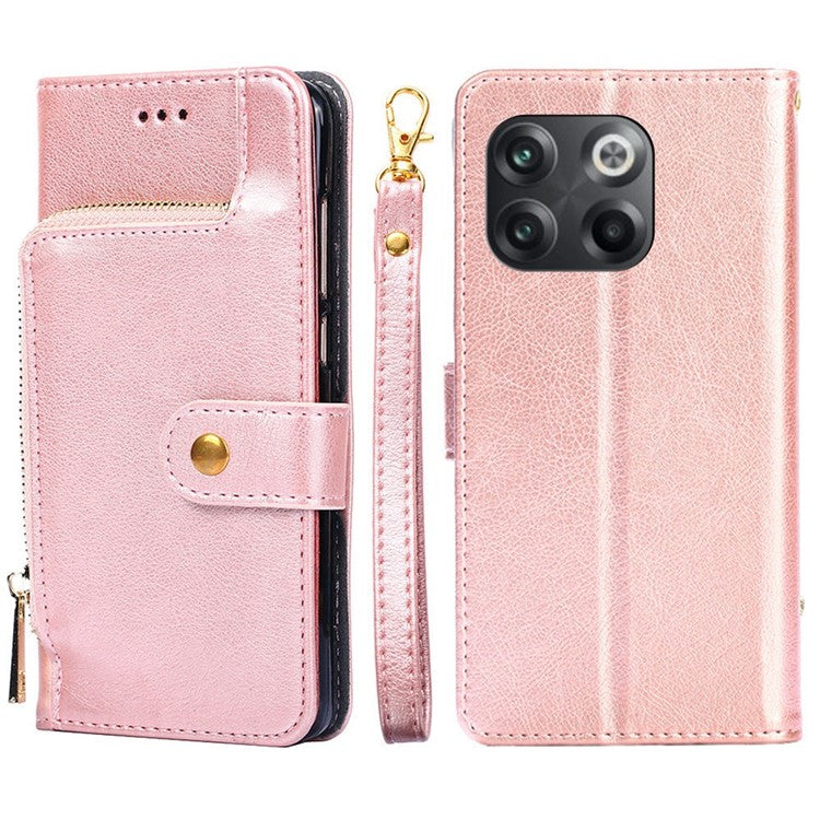 For OnePlus 10T 5G / Ace Pro 5G Shockproof Zipper Pocket PU Leather Folio Flip Case Anti-drop Phone Wallet Cover Stand with Strap - Rose Gold