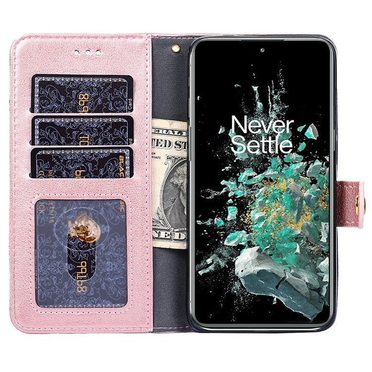 For OnePlus 10T 5G / Ace Pro 5G Shockproof Zipper Pocket PU Leather Folio Flip Case Anti-drop Phone Wallet Cover Stand with Strap - Rose Gold