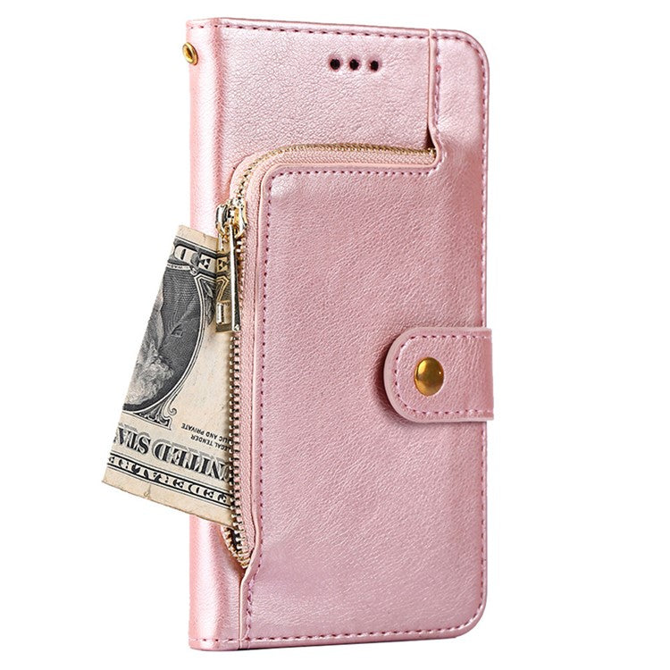 For OnePlus 10T 5G / Ace Pro 5G Shockproof Zipper Pocket PU Leather Folio Flip Case Anti-drop Phone Wallet Cover Stand with Strap - Rose Gold