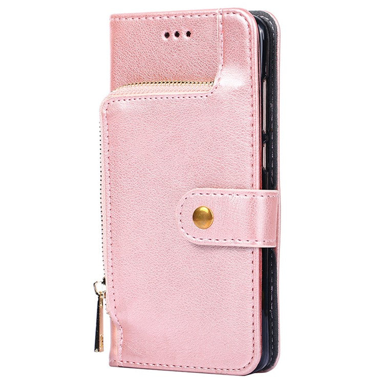 For OnePlus 10T 5G / Ace Pro 5G Shockproof Zipper Pocket PU Leather Folio Flip Case Anti-drop Phone Wallet Cover Stand with Strap - Rose Gold