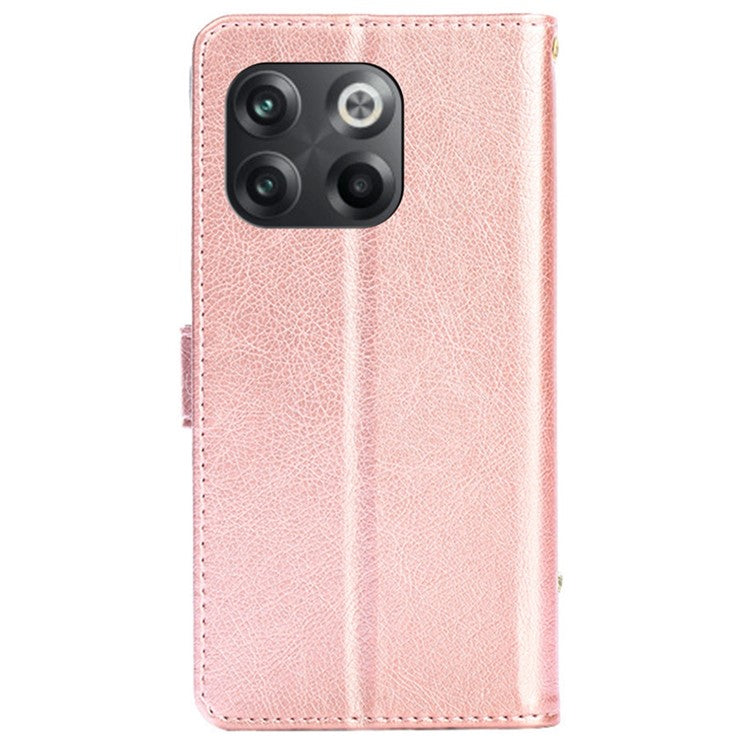 For OnePlus 10T 5G / Ace Pro 5G Shockproof Zipper Pocket PU Leather Folio Flip Case Anti-drop Phone Wallet Cover Stand with Strap - Rose Gold