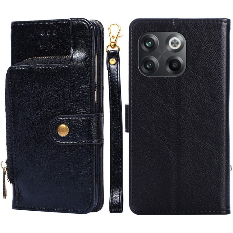 For OnePlus 10T 5G / Ace Pro 5G Shockproof Zipper Pocket PU Leather Folio Flip Case Anti-drop Phone Wallet Cover Stand with Strap - Black