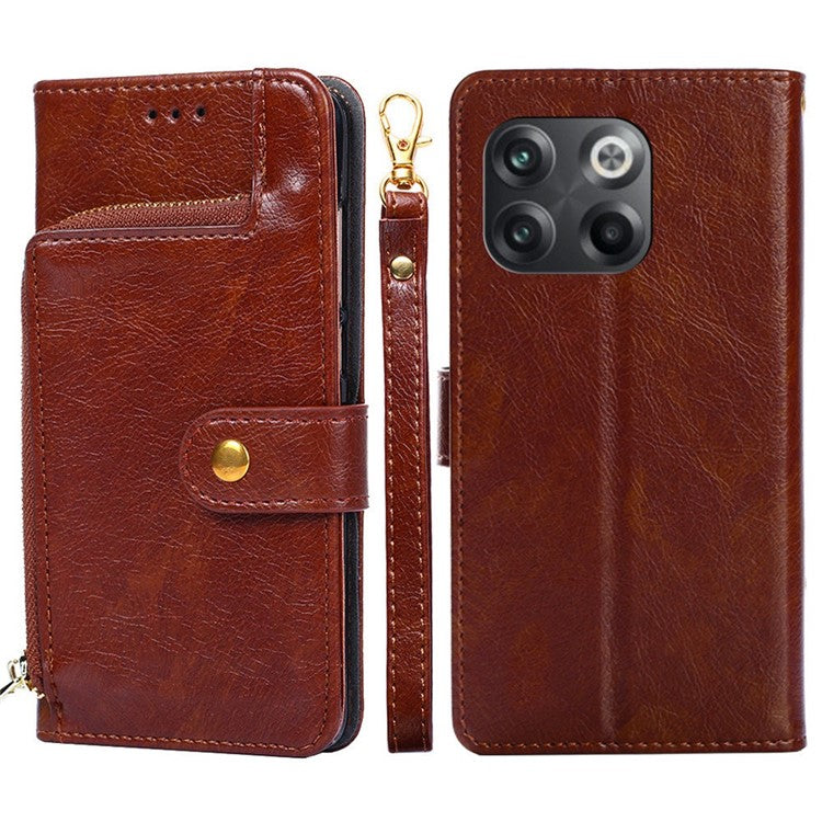 For OnePlus 10T 5G / Ace Pro 5G Shockproof Zipper Pocket PU Leather Folio Flip Case Anti-drop Phone Wallet Cover Stand with Strap - Brown